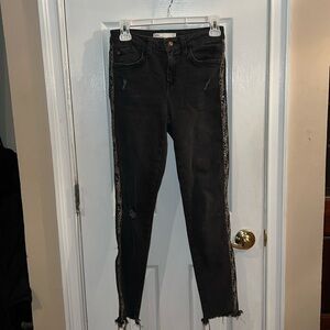 Zara faded black distressed jeans with snakeskin print stripe waist 27 length 36